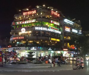 A night picture of the city view cafe in Hanoi